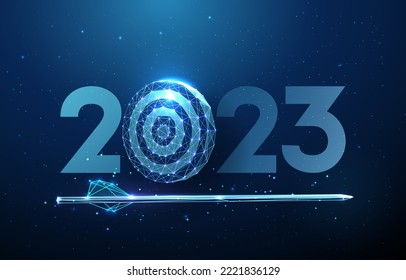 Abstract Happy 2023 New Year greeting card with arrow and darts board. Low poly style. Abstract geometric background. Wireframe light structure. Modern 3d graphic concept. Vector
