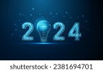 Abstract Happy 2024 New Year greeting card with light bulb. Low poly style design. Abstract geometric background. Wireframe light structure. Modern 3d graphic concept. Vector.
