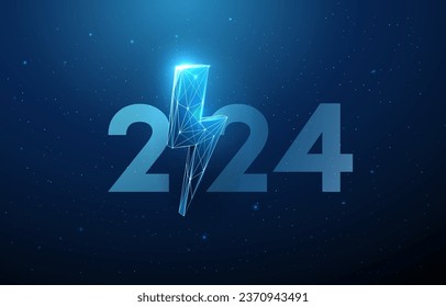 Abstract Happy 2024 New Year greeting card with lightning. Low poly style design. Abstract geometric background. Wireframe light structure. Modern 3d graphic concept. Isolated vector illustration.