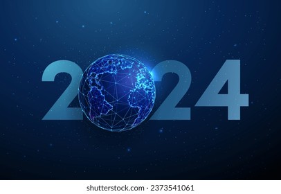 Abstract Happy 2024 New Year greeting card with planet. Low poly style design. Abstract geometric background Wireframe light connection structure Modern 3d graphic concept Isolated vector illustration