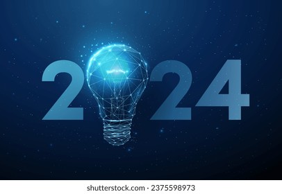 Abstract Happy 2024 New Year greeting card with blue light bulb. Ai and business concept. Low poly style design. Abstract geometric background. Wireframe light structure. Modern 3d graphic. Vector