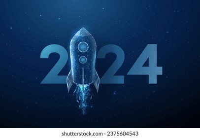 Abstract Happy 2024 New Year greeting card rocket launch. Technological progress concept. Low poly style design. Abstract geometric background. Wireframe light structure. Modern 3d graphic. Vector