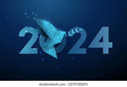 Abstract Happy 2024 New Year greeting card with paper origami bird with olive branch.  Low poly style design. Geometric background. Wireframe light structure. 3d graphic concept. Vector illustration.