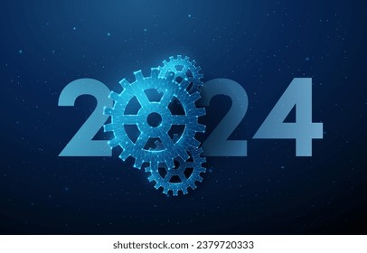 Abstract Happy 2024 New Year greeting card with cogwheel. Low poly style design. Abstract geometric background. Wireframe light structure. Modern 3d graphic concept. Vector illustration.