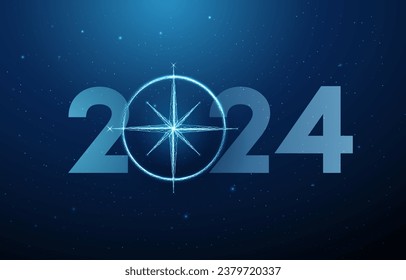 Abstract Happy 2024 New Year greeting card with compass. Low poly style design. Abstract geometric background. Wireframe light structure. Modern 3d graphic concept. Vector illustration