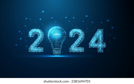 Abstract Happy 2024 New Year greeting card with light bulb. Low poly style design. Abstract geometric background. Wireframe light structure. Modern 3d graphic concept. Vector.