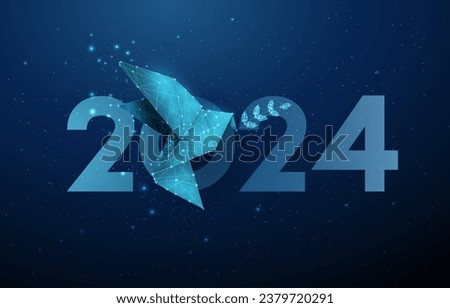 Abstract Happy 2024 New Year greeting card with paper origami bird with olive branch.  Low poly style design. Geometric background. Wireframe light structure. 3d graphic concept. Vector illustration. ストックフォト © 