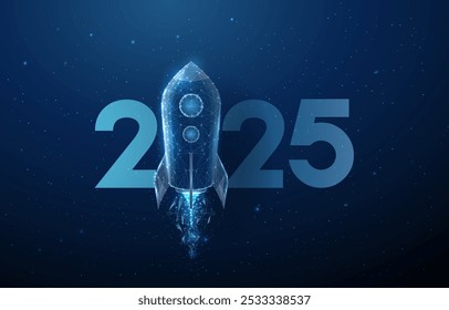 Abstract Happy 2025 New Year greeting card rocket launch. Low poly technology design. Futuristic neon geometric background. Wireframe light structure. Modern 3d graphic concept. Vector.