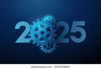 Tarjeta de felicitación Abstractas del año Nuevo feliz 2025 con ruedas dentadas. Diseño de estilo de baja tecnología poli. Fondo geométrico de neón futurista. Estructura ligera del alambre. Concepto gráfico 3d moderno. Vector.