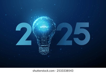 Abstract Happy 2025 New Year greeting card with light bulb. Low poly technology design. Futuristic neon geometric background. Wireframe light structure. Modern 3d graphic concept. Vector.