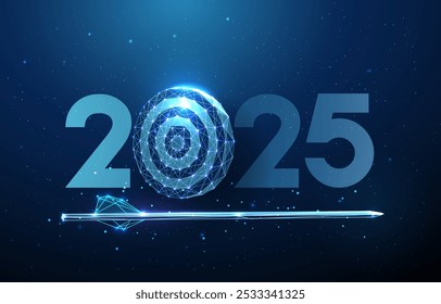 Abstract Happy 2025 New Year greeting card with arrow and darts board. Low poly technology design. Futuristic neon geometric background. Wireframe light structure. Modern 3d graphic concept. Vector.