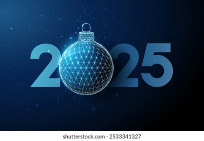 Abstract Happy 2025 New Year greeting card with Christmas ball. Low poly technology style design. Futuristic neon geometric background. Wireframe light structure. Modern 3d graphic concept. Vector.