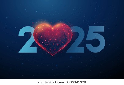 Abstract Happy 2025 New Year greeting card with heart shape. Low poly technology style design. Futuristic neon geometric background. Wireframe light structure. Modern 3d graphic concept. Vector.