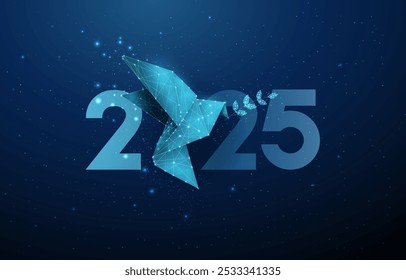 Abstract Happy 2025 New Year greeting card with paper origami bird with olive branch. Low poly style design. Geometric background. Wireframe light connection structure. Modern 3d graphic. Vector.