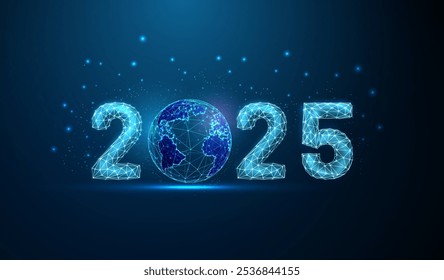 Abstract Happy 2025 New Year greeting card with planet. Low poly style design. Abstract geometric background Wireframe light connection structure Modern 3d graphic concept Isolated vector illustration
