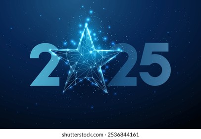 Abstract Happy 2025 New Year greeting card with blue star. Low poly style design. Abstract geometric background. Wireframe light structure. Modern 3d graphic concept. Isolated vector illustration