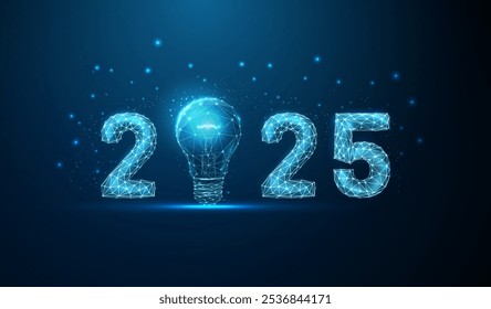 Resumo Feliz 2025 cartão de cumprimentos de Ano Novo com lâmpada elétrica. Design de baixo estilo poli. Resumo geométrico. Estrutura de luz wireframe. Conceito gráfico 3D moderno. Ilustração isolada de vetor