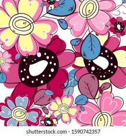 Abstract happy background . Pattern of bright colorful flowers in cute style. Beautiful colorful doodle background.
