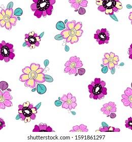 Abstract happy background . Seamless patern of bright colorful flowers in cute style. Beautiful colorful doodle background.
