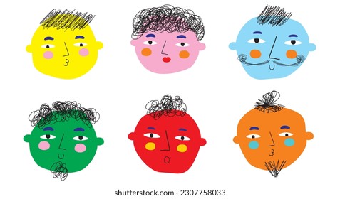 Abstract Happy Colorful People with Varius Hair Style. Hand Drawn Vector Cartoon of Human Faces. Contemporary Style Print with People Cartoon Characters. Trendy Modern Print. Diversity Idea Art.