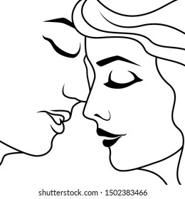 Abstract happy couple in the moment before kiss, isolated on white background, hand drawing vector outline