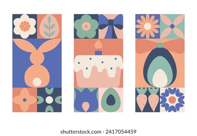 Abstract happy easter geometric cards, backgrounds. Modern geometric vector eggs, bunny, spring flowers.