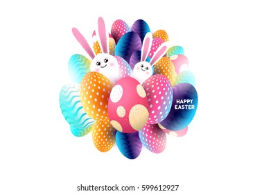 Abstract Happy Easter isolated design with cute bunny rabbits and chocolate eggs with various patterns. Vector illustration
