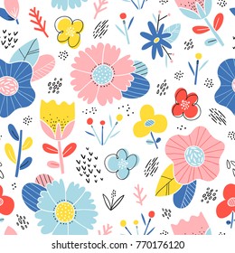 Abstract happy flowers background seamless pattern