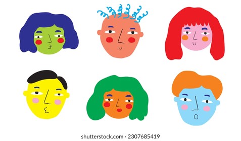 Abstract Happy Girls and Boys with Colorful Hair. Hand Drawn Vector Cartoon of Human Faces. Contemporary Style Print with Young People Cartoon Characters. Trendy Modern Print. Diversity Idea Art.