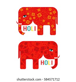 Abstract Happy Holi poster with two red elephants. Design for Indian Festival of Colours. Vector illustration
