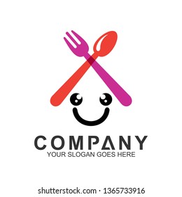 Abstract Happy House Logo With Smile Face, Spoon And Fork, Vector Kitchen, Home Kitchen Logo