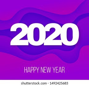 Abstract Happy New Year 2020 logo text design on blue wave background. Minimal banner with 2020 numbers in modern style. 2020 logo text design. Cut out paper effect. Vector illustration 