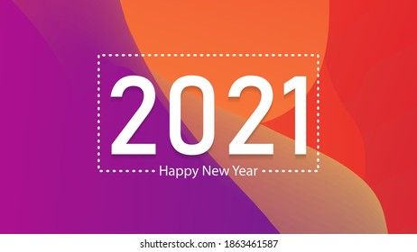 Abstract Happy New Year 2021 Wallpaper Background with purple and orange background. Text and boxes are dots, which are white