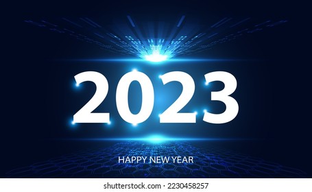 Abstract Happy new year 2023 forward light perspective on blue background digital futuristic modern hi-tech space