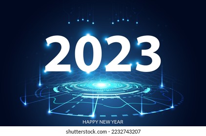 Abstract Happy new year 2023 circle light digital network on blue background digital futuristic modern hi-tech space