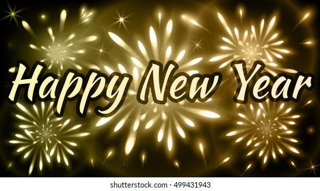 Abstract Happy New Year background decorated with fireworks of yellow and black shades