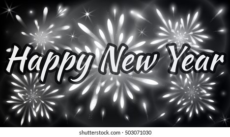 Abstract Happy New Year banner decorated with fireworks of black, grey and white shades