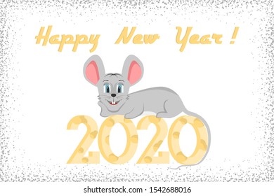 Abstract Happy New Year and Christmas 2020 greeting card on a white background with a funny mouse symbol. Used as a greeting card, flyer, poster, calendar. Landing page. Vector.