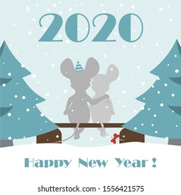 Abstract Happy New Year and Christmas 2020 greeting card on a blue background with a funny mouse symbol. Used as a greeting card, flyer, poster, calendar. Landing page. Vector.
