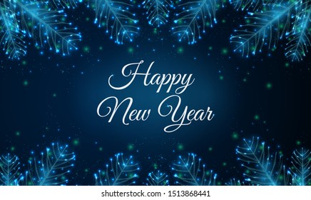 Abstract Happy New Year greeting card with fir tree branches. Low poly style design. Geometric background. Wireframe light connection structure. Modern 3d graphic concept. Isolated vector illustration