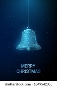Abstract Happy New Year greeting card with hanging Christmas bell. Low poly style design Abstract geometric background Wireframe light structure Modern 3d graphic concept. Isolated vector illustration