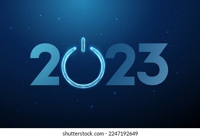 Abstract Happy New Year greeting card with number 2023 and power button. Low poly style. Abstract geometric background. Wireframe light structure. Modern 3d graphic concept. Vector