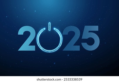 Abstract Happy  New Year greeting card with number 2025 and power button. Low poly technology design. Futuristic neon geometric background. Wireframe light structure. Modern 3d graphic concept. Vector