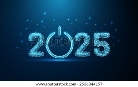 Abstract Happy New Year greeting card with number 2025 and power button. Low poly technology design. Futuristic neon geometric background. Wireframe light structure. Modern 3d graphic concept. Vector.