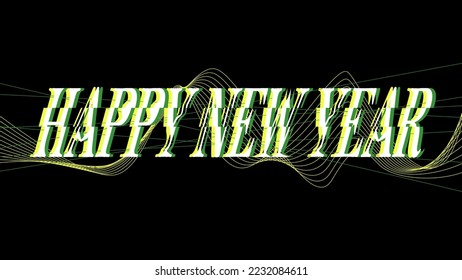 Resumen Feliz arte de tipografía de Año Nuevo con ondas de línea, fondo negro, amarillo y verde