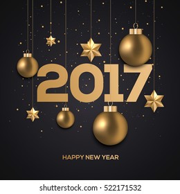 Abstract Happy New year winter design with golden snowflakes and Ornaments on dark background. Vector Illustration - Shutterstock ID 522171532