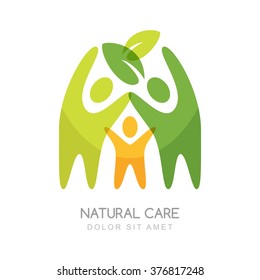 Abstract happy people silhouettes. Vector logo design template. Concept for natural health care, family wellness, ecology and protection nature.