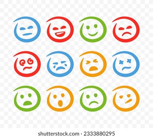 Abstract happy and sad emoji faces flat style. Line round character faces with various emotions. Emoticons set