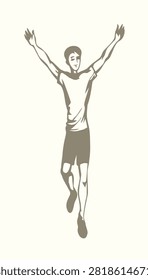 Abstract happy speed strong young adult girl figure raise hand recreat foot move action road white sky text space. Outline black ink drawn 1 best outdoor guy boy leg health fun first cross goal match league concept isolat logo emblem art doodle style