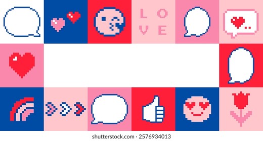 Abstract Happy Valentines Day template for poster, banner, cover, header. Mosaic minimal love design in pixel art style. Vector illustration with hearts, speech bubble and y2k game abstract elements